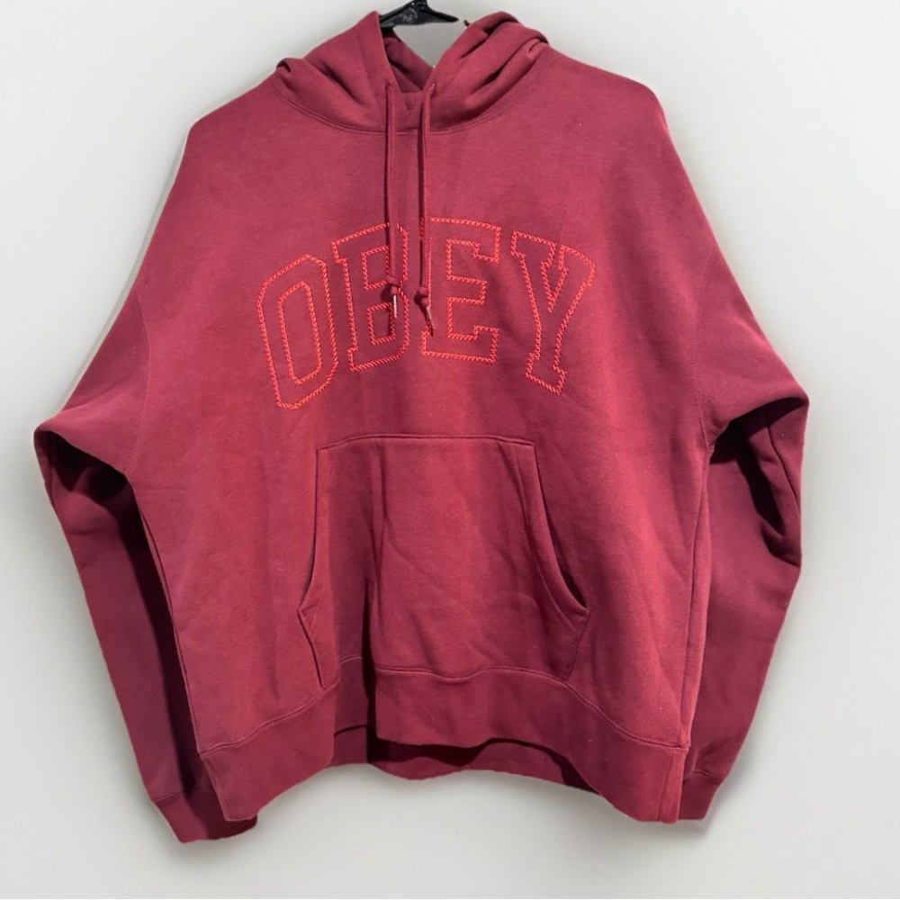 Obey Cross Stitch Logo Hoodie Medium Burgundy Wine Red Pullover Hoodie